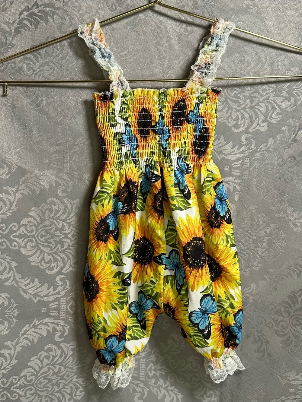 Vtg Style Sunflower Butterfly Print Romper Girls 6-9 Mos